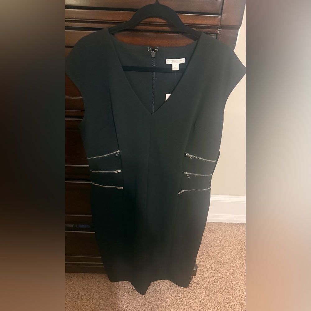NWT New York & Company Black V-Neck Dress with Silver Zip Accents